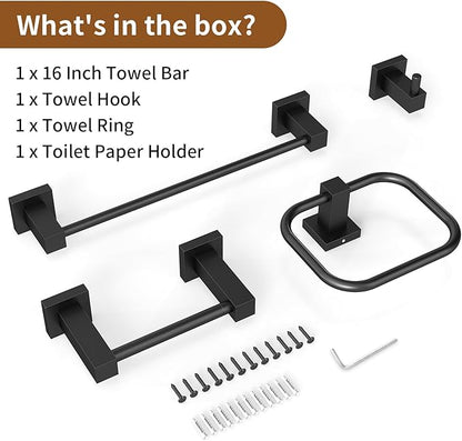 Matte Black Bathroom Accessories Set, 4 Pieces Bathroom Hardware Set with Towel Racks for Bathroom,16 Inch Towel Bar, Stainlless Steel Bathroom Set Wall Mounted
