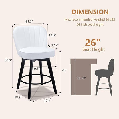MINCETA Bar Stools Set of 2, PU Leather Barstools, 26 Inch Upholstered Counter Stools with Backrest and Footrest, Swivel Counter Height Barstools for Kitchen Island Home Bar White