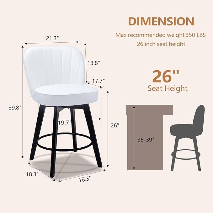 MINCETA Bar Stools Set of 4, PU Leather Barstools, 26 Inch Upholstered Counter Stools with Backrest and Footrest, Swivel Counter Height Barstools for Kitchen Island Home Bar White