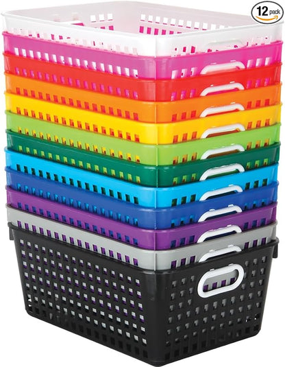 Really Good Stuff Large Plastic Book Baskets, 13.25" by 10" by 5.5" - 12 Pack, Rainbow Color, Classroom Library Organizer, Toy Storage, Multi-Purpose Organizer Basket