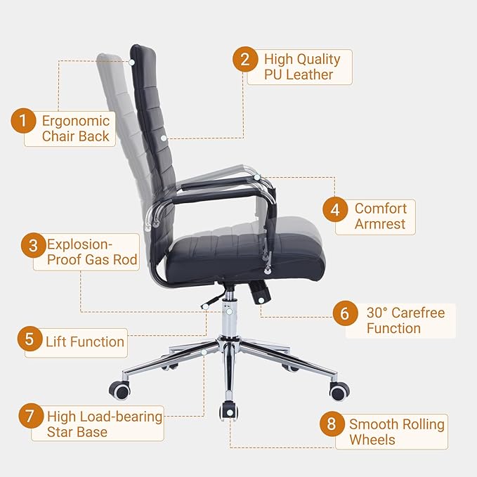 Sidanli Ergonomic Office Chair, Executive PU Leather Desk Chair with Adjustable Lumbar Support and Smooth-Rolling Wheels for Home Office Conference Room, High Back, Black