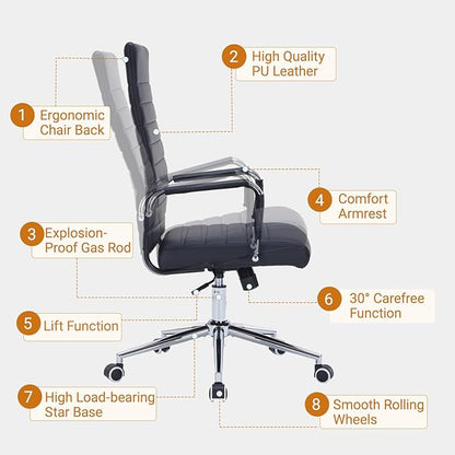 Sidanli Ergonomic Office Chair, Executive PU Leather Desk Chair with Adjustable Lumbar Support and Smooth-Rolling Wheels for Home Office Conference Room, High Back, Black