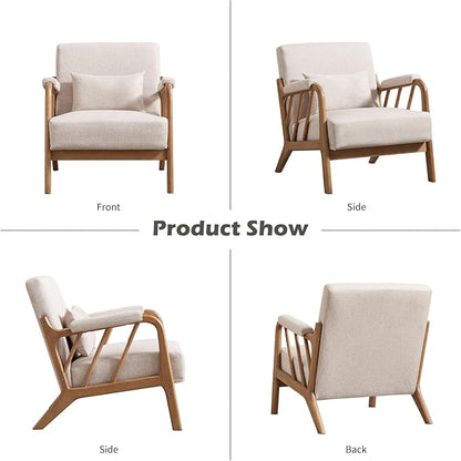 Mid Century Modern Accent Chair with Solid Wood Frame, Upholstered Living Room Chairs with Lumbar Cushion Padded Arms, Reading Armchair for Bedroom (1, Linen Beige)