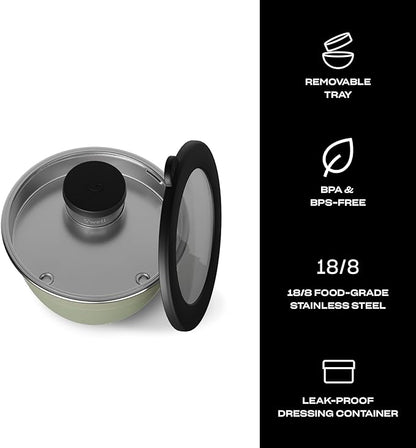 S'well Stainless Steel Salad Bowl Kit 64oz, Mountain Sage, Comes with 2oz Mini Canister and Removable Tray for Organization, Leakproof, Easy to Clean, Dishwasher Safe