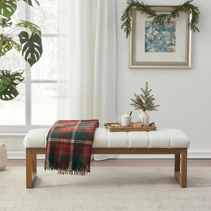 52.7" Bedroom Bench for End of Bed, Modern Upholstered Teddy Fabric Entryway Bench & Dining Bench, Footrest Stool Bench with Solid Wood Frame for Bedroom, Living Room (Beige)