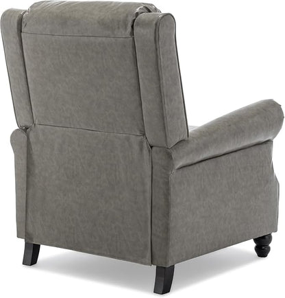 Pushback Recliner Chair, Faux Leather Wingback Recliner Chair, Upholstered Armchair Push Back Recliner with Wood Legs, Rivet Trim Single Sofa Accent Chair for Living Room, Bedroom, Gray