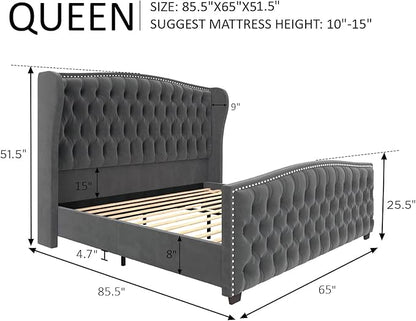 AMERLIFE Queen Size Platform Bed Frame, Velvet Upholstered Bed with Deep Button Tufted & Nailhead Trim Wingback Headboard/No Box Spring Needed/Grey
