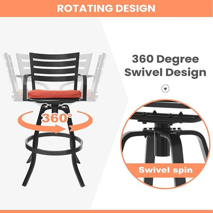Pellebant Outdoor Bar Stools Set of 4 with Sunbrella Cushion, 29.5" Aluminum Swivel Bar Height Stool Chairs with Back & Footrest, Rust-Proof Patio Bartools for Deck Lawn Garden,Red