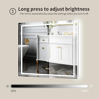 WTTY LED Bathroom Mirror 32"x32" with Backlit and Front Light,Stepless Dimmable LED Mirror for Bathroom,Anti-Fog Lighted Bathroom Vanity Mirror Modern for Wall,Memory Function,Shatter-Proof
