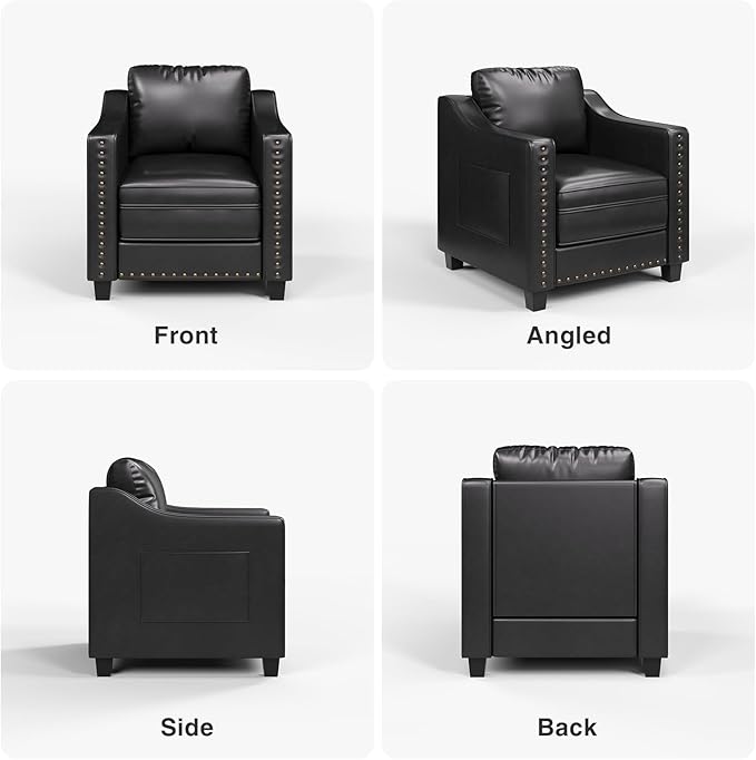 Mid Century Modern Accent Chair, 30 Inches PU Leather Armchairs, Barrel Chair Living Room Chairs Club Chair with Cushion Reading Chair for Bedroom, Apartment, Reading Room, Black
