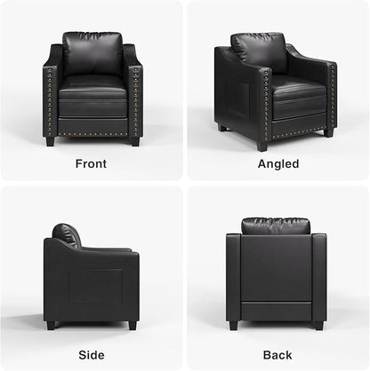 Mid Century Modern Accent Chair, 30 Inches PU Leather Armchairs, Barrel Chair Living Room Chairs Club Chair with Cushion Reading Chair for Bedroom, Apartment, Reading Room, Black