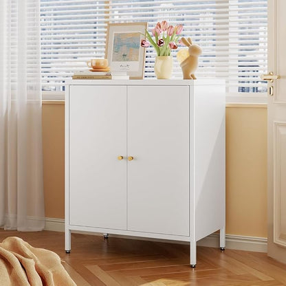 White Metal Storage Cabinet, 2 Door Locker Cabinets with Adjustable Shelves, Side Table Storage with Doors,Bathroom Furniture for Small Spaces,Home,Office,Kitchen,Dining Room
