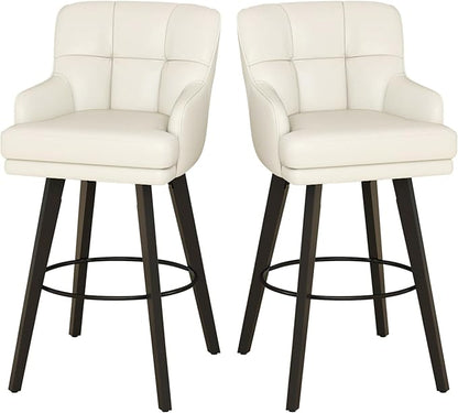 360°Swivel Counter Height Bar Stools with Back, 30 inch Solid Wood Legs, Bar Stool Modern Kitchen Island Chairs, Faux Leather (Beige- Faux Leather, 30" H- Set of 2)