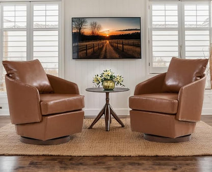CIMOTA PU Leather Swivel Accent Chair, Modern Barrel Armchair with 360° Swivel Base and Pillow, Upholstered Club Chair for Living Room/Reading/Office, Brown