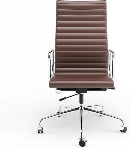 High Back Genuine Leather Ribbed Office Chair-Ergonomic Desk Chair with Aluminum Alloy Armrest & Frame, Swivel Silent Wheels & Tilt Function, Adjustable Height