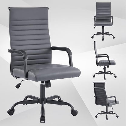 Office Chair, Ergonomic Executive Conference Room Chairs, Ribbed Leather Desk Chair with Lumbar Support, Adjustable Height Mid-Back Swivel Chair with Padded Seat and Square Tube Armrests