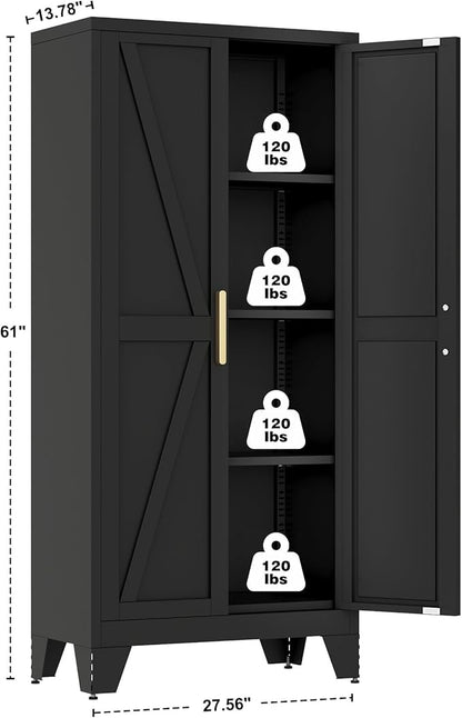 Large Metal Kitchen Pantry Cabinet with Adjustable Shelves - Freestanding Kitchen Storage Cabinet for Dining Room,Livingroom Bathroom, Hallway, Workshop, Office (Black, 61"- 0 Drawer)