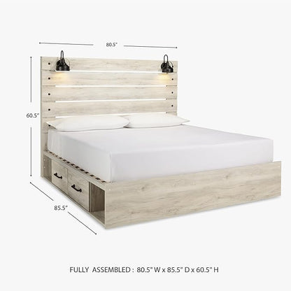 Signature Design by Ashley Cambeck Farmhouse King Panel Platform Bed with 2 Storage Drawers, Cubbies, Sconce Lights and USB Ports, Foundation or Box Spring Not Needed, Whitewash