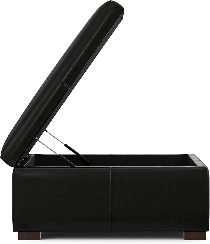 SIMPLIHOME Gabbie 36 inch Wide Contemporary Square Square Coffee Table Storage Ottoman in Midnight Black PU Black Faux Leather, Assembled, for The Living Room, Entryway and Family Room