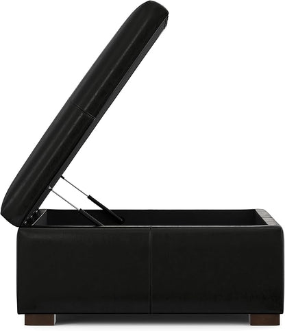 SIMPLIHOME Gabbie 36 inch Wide Contemporary Square Square Coffee Table Storage Ottoman in Midnight Black PU Black Faux Leather, Assembled, for The Living Room, Entryway and Family Room