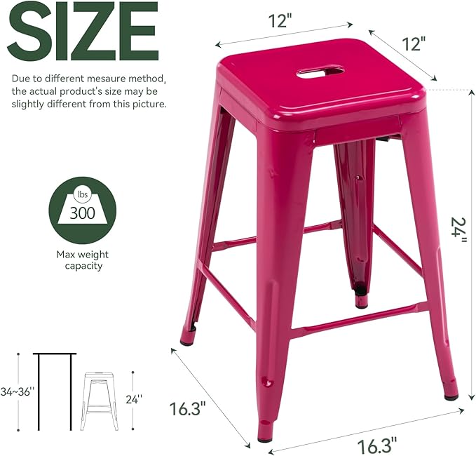 Vogue Furniture Direct 24 Inch Bar Stools Backless Metal Barstools Indoor-Outdoor Counter Height Stools with Square Seat, Set of 4 (Hot Pink)