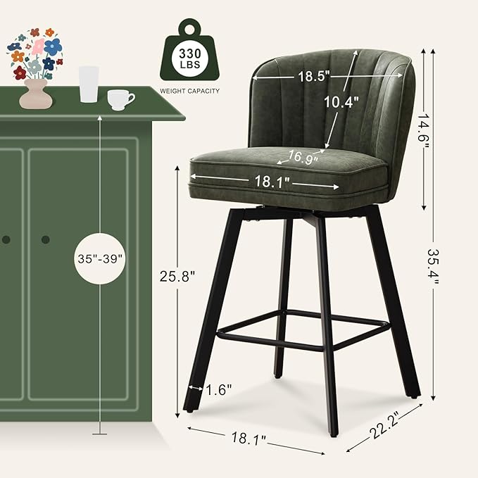 Swivel Counter Height Bar Stools Set of 3, 26'' Modern Barstools with Backs and Metal Legs, Upholstered Bar Chairs, Faux Leather Green Stools for Kitchen Island Chairs