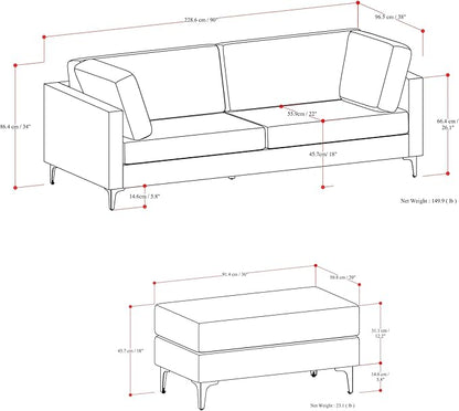 SIMPLIHOME Ava Sofa and Ottoman in 100% Recycled Polyester Performance Fabric, Pebble Grey, 90-inch-Wide 3-Seater Couch and Matching 36-inch-Wide Table Ottoman for Living Room, 2-Piece Set