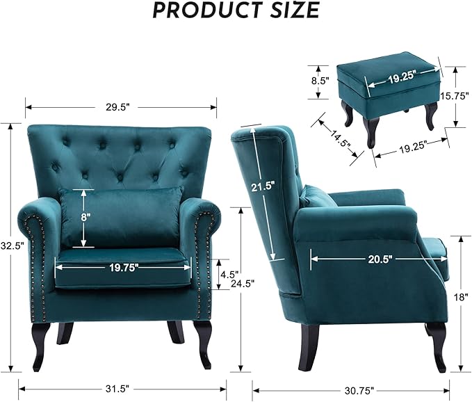 Accent Reading Arm Chairs with Ottoman Set of 2 for Living Room Bedroom, Midcentury Modern Corner Sofa Chair, Wingback Waiting Room Club Chair with Tufted Back &Lumbar Pillow, Velvet Teal