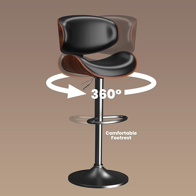 Bar Stools Set of 2, Bar Stools for Kitchen Island with Bentwood Back and Leather Seat, Swivel Barstools for Kitchen Counter, Bar, Black