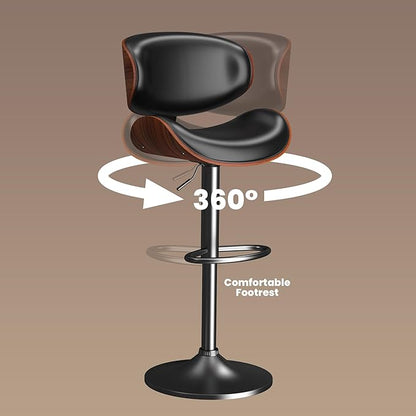 Bar Stools Set of 2, Bar Stools for Kitchen Island with Bentwood Back and Leather Seat, Swivel Barstools for Kitchen Counter, Bar, Black