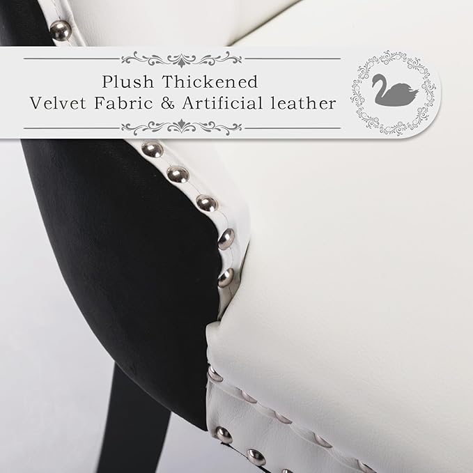 Leather Upholstered Dining Chairs Set of 6, Modern Style Kitchen Side Chairs with Nailhead Trim and Wood Leg, Metal Pulling Ring for Dining Room Living Room(Black&White,Set of 6)
