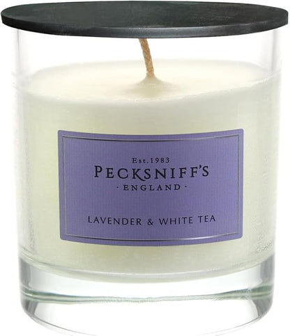 Pecksniffs Lavender & White Tea Scented Candle | Elegant Glass Vessel | Scented Candles for Home | 1 Wick, 184g/6.49oz