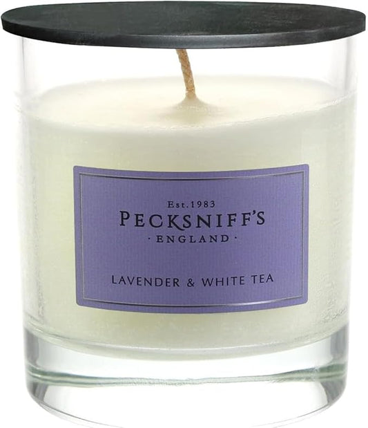 Pecksniffs Lavender & White Tea Scented Candle | Elegant Glass Vessel | Scented Candles for Home | 1 Wick, 184g/6.49oz