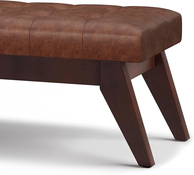 SIMPLIHOME Draper 40 inch Wide Mid Century Modern Rectangle Tufted Ottoman Bench in Distressed Saddle Brown Vegan Faux Leather, Assembled, For the Living Room and Bedroom