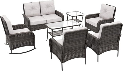 COOS BAY Vintage Courtyard Patio Furniture Set, Wicker Outdoor Furniture, Patio Conversation Sets, 2 Chairs, 2 Rocking Chairs, Loveseat, Coffee Table and Side Table, 7 Pieces, Gray/Beige