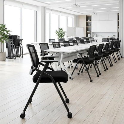 6 Pack Stackable Conference Room Chairs with Paddle Folding Office Chair Foldable Desk Chair Mesh Back and Arms for Conference Meeting Guest Reception Home Office Training Room Chair Black