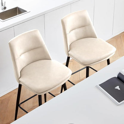 Beige Counter Height Bar Stools Set of 2, 26 Inch Seat Height with Back and Metal Legs, 360° Swivel Upholstered Faux Leather Swivel Bar Stools