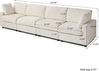 WJShome Modern Sectional Sofa 134 Inch 4-Seater Cloud Couch with Chenille Deep Seat Couches for Living Room, Bedroom and Apartment，Beige