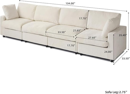 WJShome Modern Sectional Sofa 134 Inch 4-Seater Cloud Couch with Chenille Deep Seat Couches for Living Room, Bedroom and Apartment，Beige