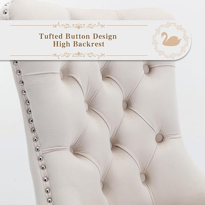 Velvet Upholstered Dining Chairs Set of 2, Modern Style Kitchen Side Chairs with Nailhead Trim and Silver Plated Leg, Metal Pulling Ring for Dining Room Living Room(Creamy White)
