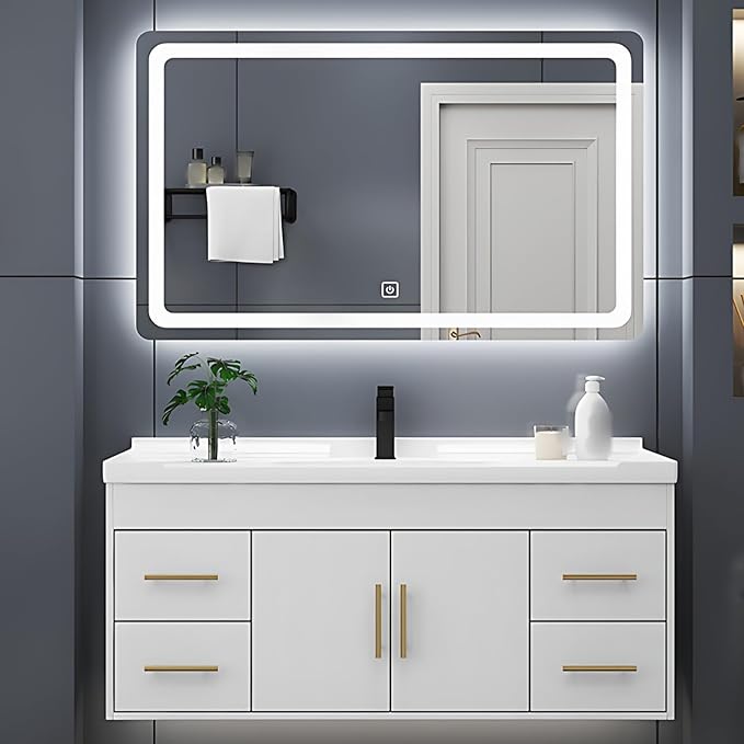 44IN Modern Bathroom Vanity - LED Intelligent Mirror Cabinet Includes Time Display & Defogging | Bathroom Cabinet with Sink & Open Storage Compartments, Ceramic Washbasin, 4 Drawers (Style B)