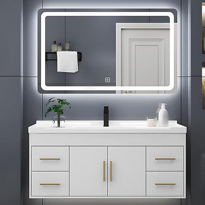 44IN Modern Bathroom Vanity - LED Intelligent Mirror Cabinet Includes Time Display & Defogging | Bathroom Cabinet with Sink & Open Storage Compartments, Ceramic Washbasin, 4 Drawers (Style B)