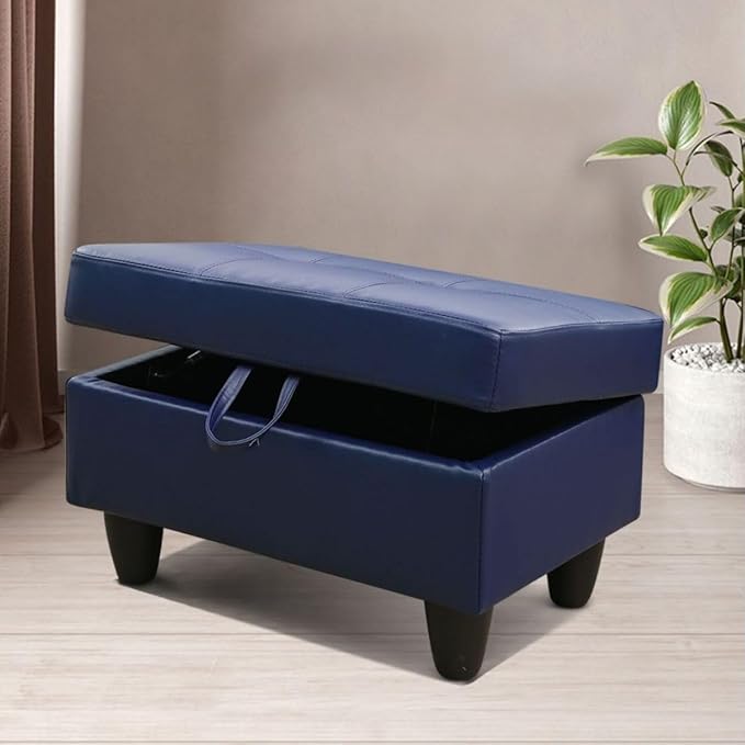 Ottoman Storage Ottoman Bench Faux Leather Footrest Footstool with Hinged Lid for Living Room, Bedroom, Entryway, Blue, 28.5"X19"X17.5"