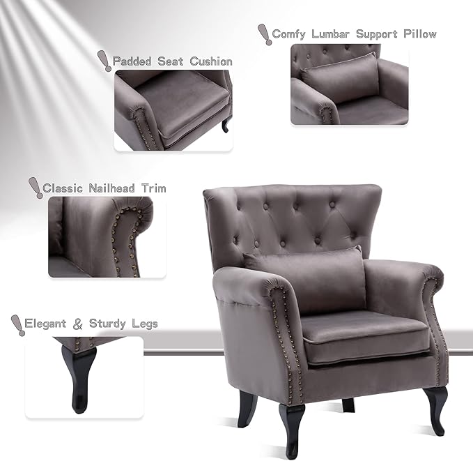 chairus Mid-Century Modern Accent Chair Comfy Tufted Single Sofa Chair Wingback Armchair with Pillow for Club, Living Room, Bedroom - Velvet, Grey