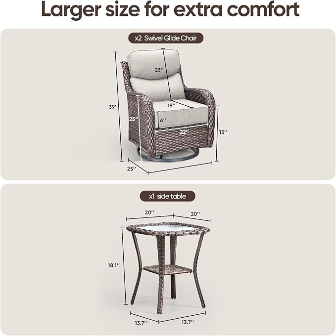 Swivel Patio Chairs Set of 3 with 6" Thick Cushion - Wicker Outdoor Swivel Rocker Patio Chairs with Side Table, High Back Comfortable Outdoor Glider Chair - Brown Wicker | Beige Cushions