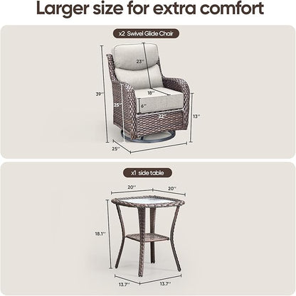 Swivel Patio Chairs Set of 3 with 6" Thick Cushion - Wicker Outdoor Swivel Rocker Patio Chairs with Side Table, High Back Comfortable Outdoor Glider Chair - Brown Wicker | Beige Cushions
