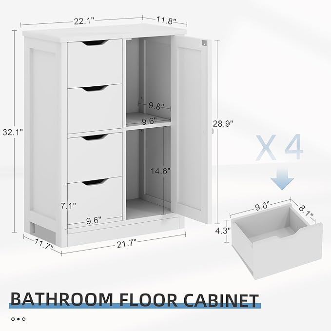 Shintenchi Bathroom Floor Storage Cabinet, Wooden Storage Organizer with 4 Drawers and 1 Cupboard, Freestanding Bathroom Furniture, Home Storage Unit with Adjustable Shelf, White