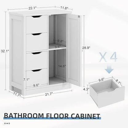 Shintenchi Bathroom Floor Storage Cabinet, Wooden Storage Organizer with 4 Drawers and 1 Cupboard, Freestanding Bathroom Furniture, Home Storage Unit with Adjustable Shelf, White