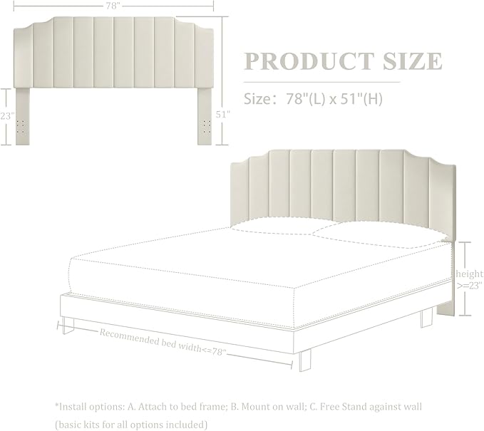 King Size Headboard Only, Velvet Wall Mounted Headboard King for Adjustable Bed Modern Upholstered Head Board Easy Assembly, Cream
