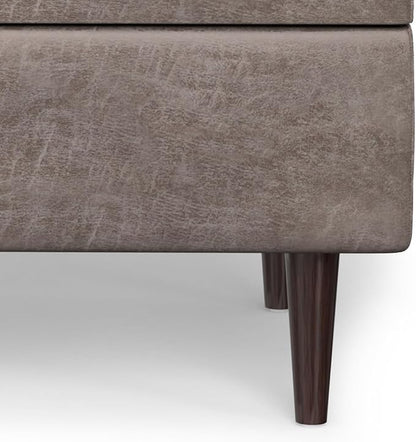 SIMPLIHOME Shay 34 inch Wide Mid Century Modern Small Rectangle Coffee Table Storage Ottoman in Distressed Grey Taupe Vegan Faux Leather, Assembled, for The Living Room and Entryway